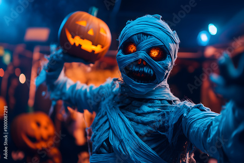 Ghost with bandages on its face and body Dancing with halloween pumpkin on heead in club Halloween concept. photo