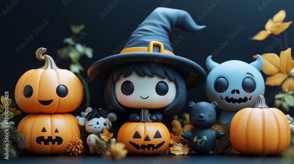 Cute Halloween Characters with Pumpkins and Spooky Autumn Decorations Cute Halloween Characters with Pumpkins and Spooky Autumn Decorations
