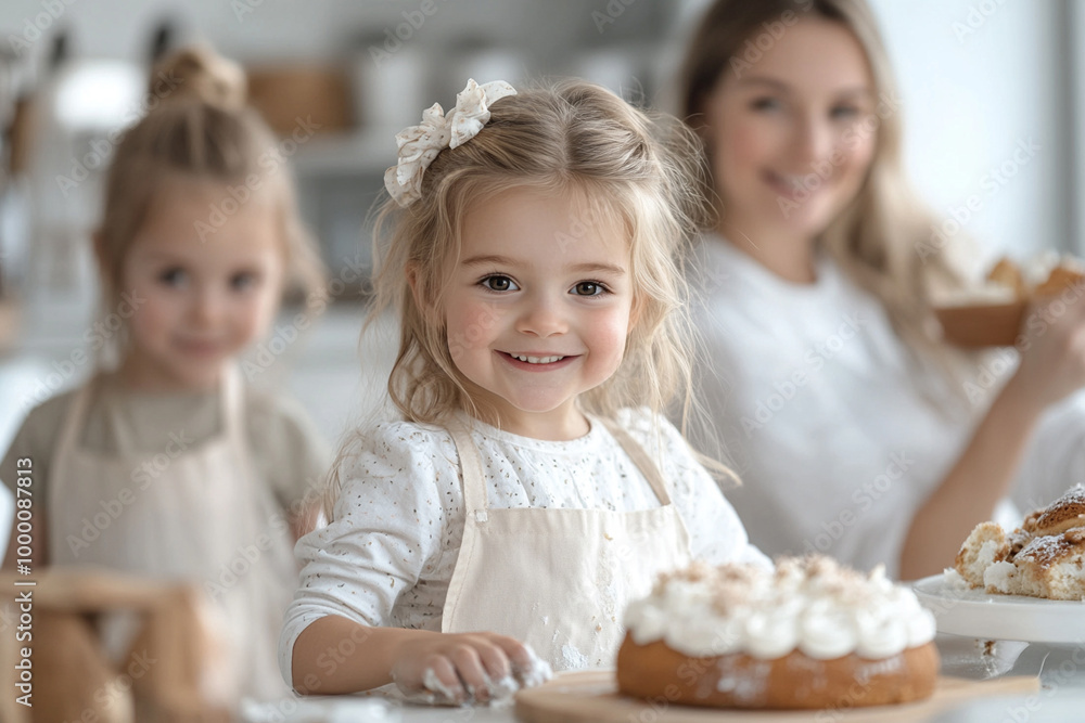 A modern white kitchen with a cozy and inviting atmosphere, two parents and their children baking together
A modern white kitchen with a cozy and inviting atmosphere, two parents and their children baking together