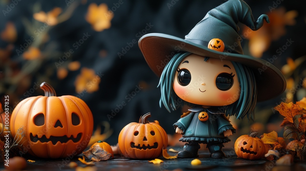 Cute Halloween Characters with Pumpkins and Spooky Autumn Decorations Cute Halloween Characters with Pumpkins and Spooky Autumn Decorations