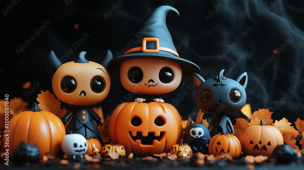 Cute Halloween Characters with Pumpkins and Spooky Autumn Decorations Cute Halloween Characters with Pumpkins and Spooky Autumn Decorations