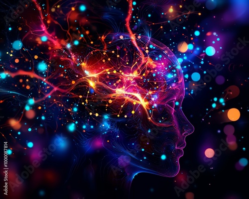 Cosmic profile of a human silhouette with vibrant neural connections and glowing abstract patterns, symbolizing mind and technology fusion. photo