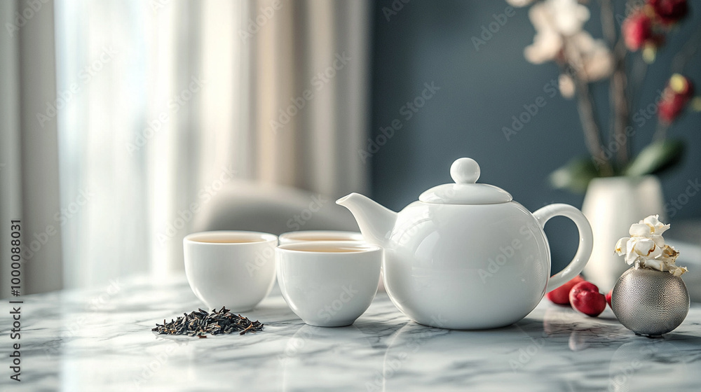 A minimalist tea setup with a sleek white teapot and matching cups
A minimalist tea setup with a sleek white teapot and matching cups