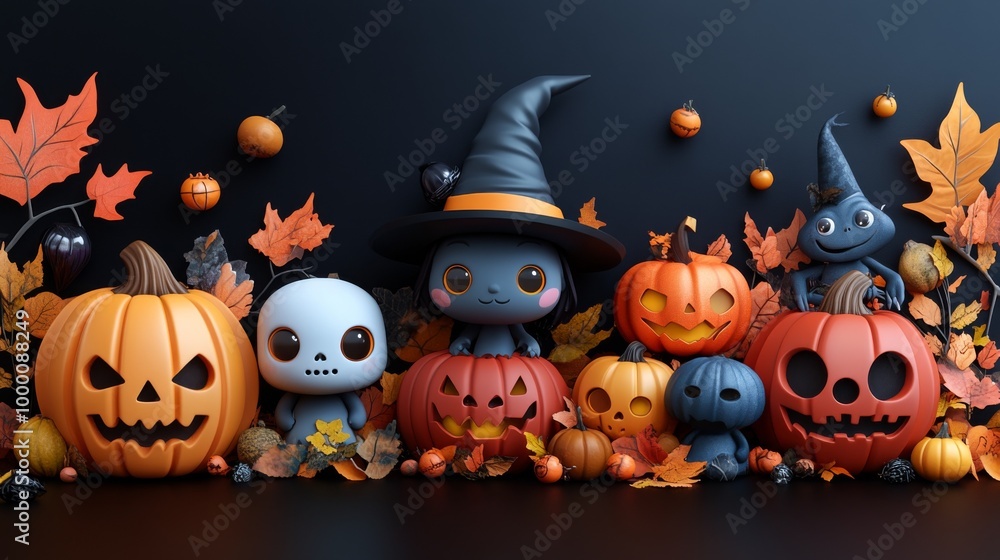 Cute Halloween Characters with Pumpkins and Spooky Autumn Decorations Cute Halloween Characters with Pumpkins and Spooky Autumn Decorations