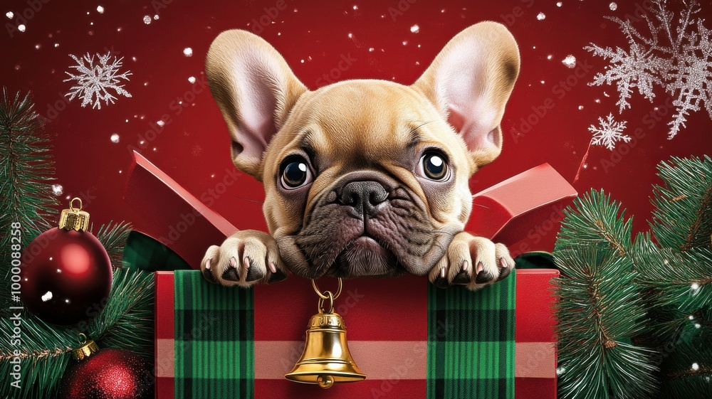 a dog is looking out from a christmas present. a dog is looking out from a christmas present.