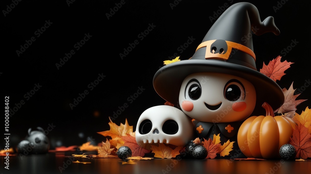 Cute Halloween Characters with Pumpkins and Spooky Autumn Decorations Cute Halloween Characters with Pumpkins and Spooky Autumn Decorations