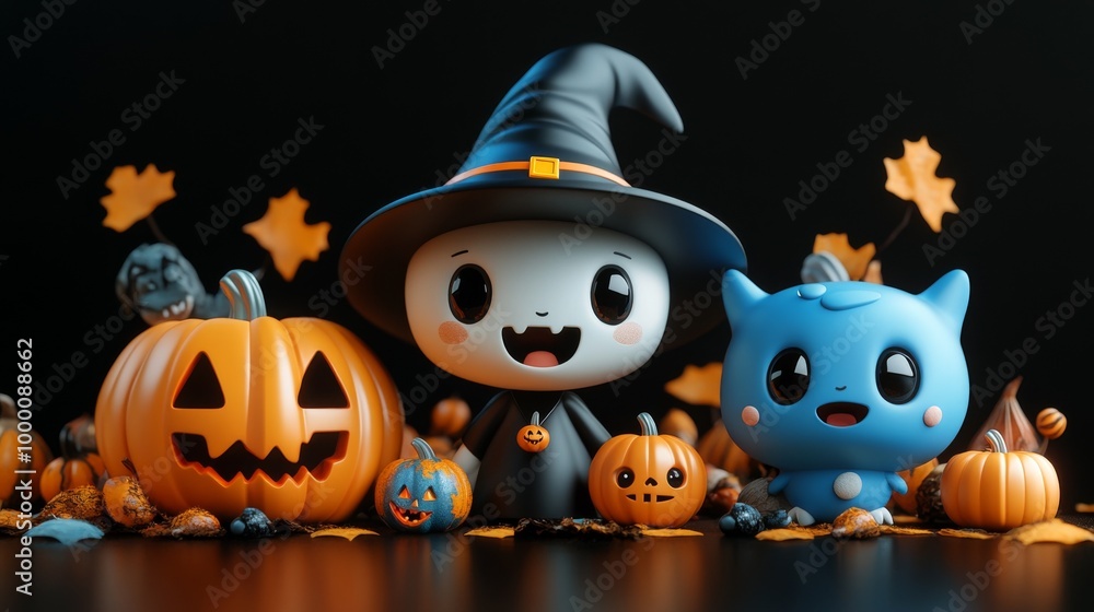 Cute Halloween Characters with Pumpkins and Spooky Autumn Decorations Cute Halloween Characters with Pumpkins and Spooky Autumn Decorations