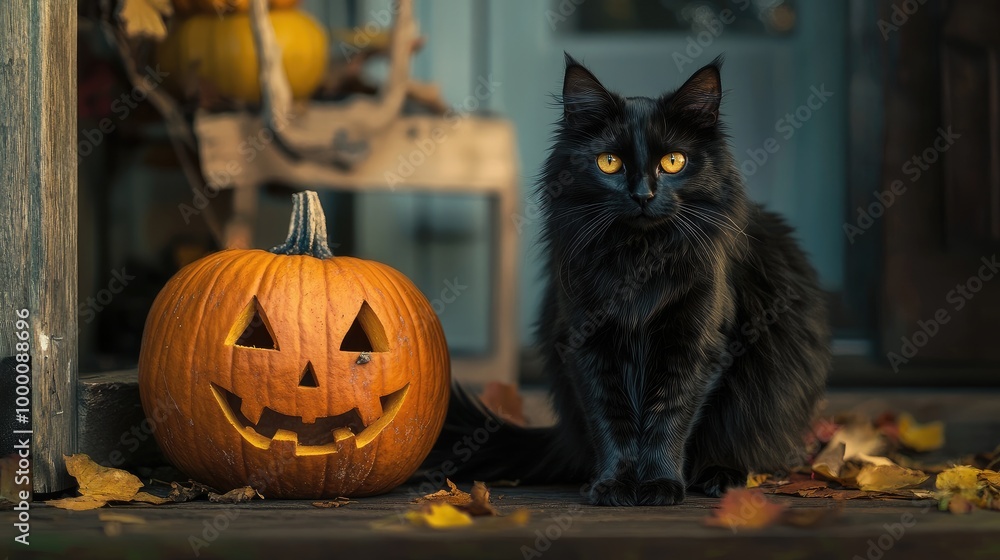 A realistic black cat poses beside a Halloween pumpkin on a porch, bathed in warm natural autumn light. A realistic black cat poses beside a Halloween pumpkin on a porch, bathed in warm natural autumn light.