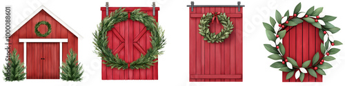 Holiday wreath hanging on a red barn door, farm scene, watercolor clipart collection, isolated on transparent background