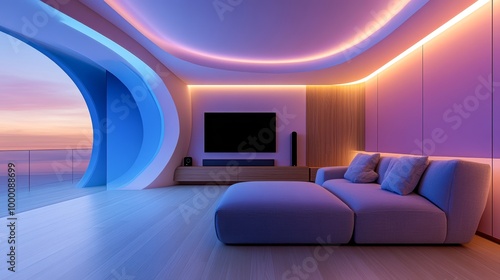 Modern living room with ambient LED lighting, a large sofa, and a panoramic ocean view, perfect for interior design, architecture, and real estate presentations, photo