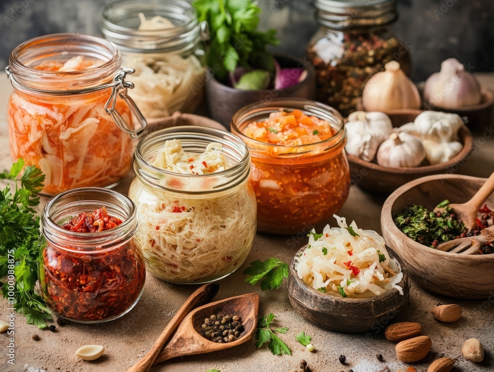A collection of organic fermented ingredients such as kimchi, sauerkraut, and kombucha, displayed in glass jars on a rustic kitchen table with fresh herbs and wooden utensils A collection of organic fermented ingredients such as kimchi, sauerkraut, and kombucha, displayed in glass jars on a rustic kitchen table with fresh herbs and wooden utensils