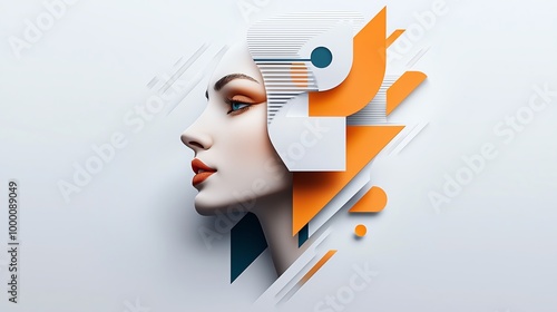 Modern abstract digital art of a woman's profile with geometric shapes and vibrant colors, blending technology and human elements. photo