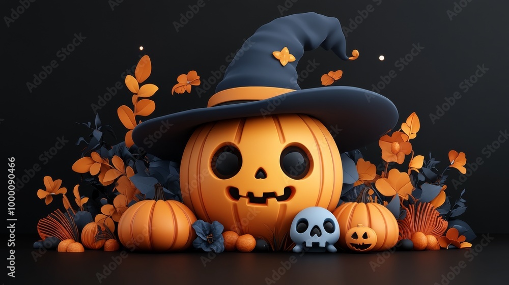 Cute Halloween Characters with Pumpkins and Spooky Autumn Decorations Cute Halloween Characters with Pumpkins and Spooky Autumn Decorations