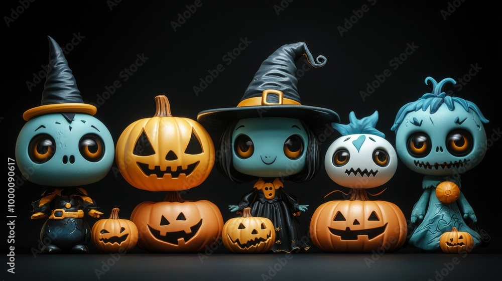 Cute Halloween Characters with Pumpkins and Spooky Autumn Decorations Cute Halloween Characters with Pumpkins and Spooky Autumn Decorations
