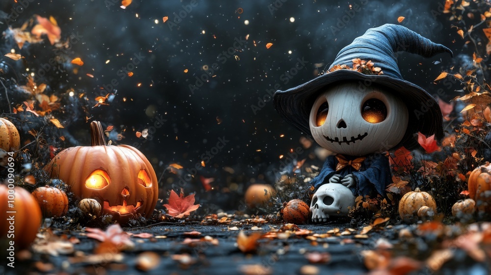 Cute Halloween Characters with Pumpkins and Spooky Autumn Decorations Cute Halloween Characters with Pumpkins and Spooky Autumn Decorations
