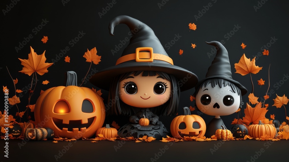 Cute Halloween Characters with Pumpkins and Spooky Autumn Decorations Cute Halloween Characters with Pumpkins and Spooky Autumn Decorations