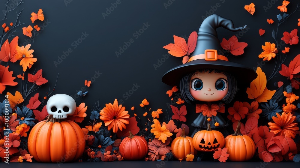 Cute Halloween Characters with Pumpkins and Spooky Autumn Decorations Cute Halloween Characters with Pumpkins and Spooky Autumn Decorations