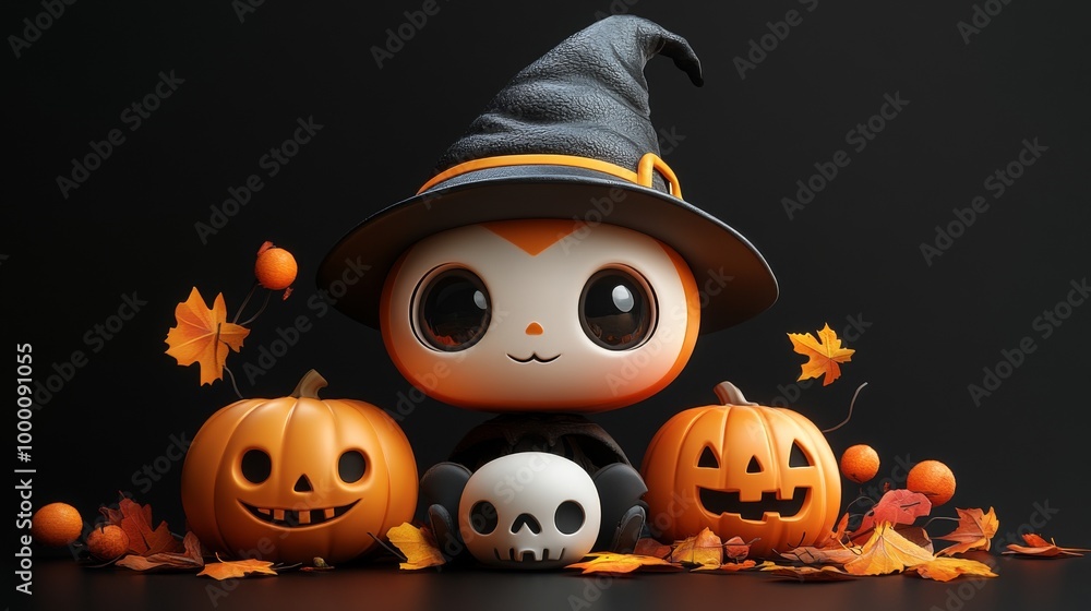 Cute Halloween Characters with Pumpkins and Spooky Autumn Decorations Cute Halloween Characters with Pumpkins and Spooky Autumn Decorations