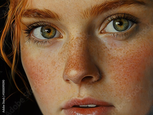 Close-Up Portrait of a Woman with Freckles and Green Eyes