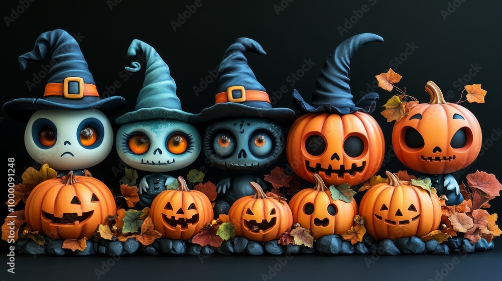 Cute Halloween Characters with Pumpkins and Spooky Autumn Decorations Cute Halloween Characters with Pumpkins and Spooky Autumn Decorations