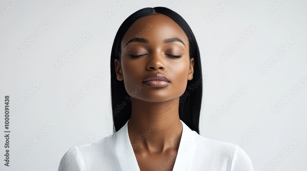 Elegant woman, sleek straight hair, flawless skin, eyes softly closed, white background, delicate side view Elegant woman, sleek straight hair, flawless skin, eyes softly closed, white background, delicate side view