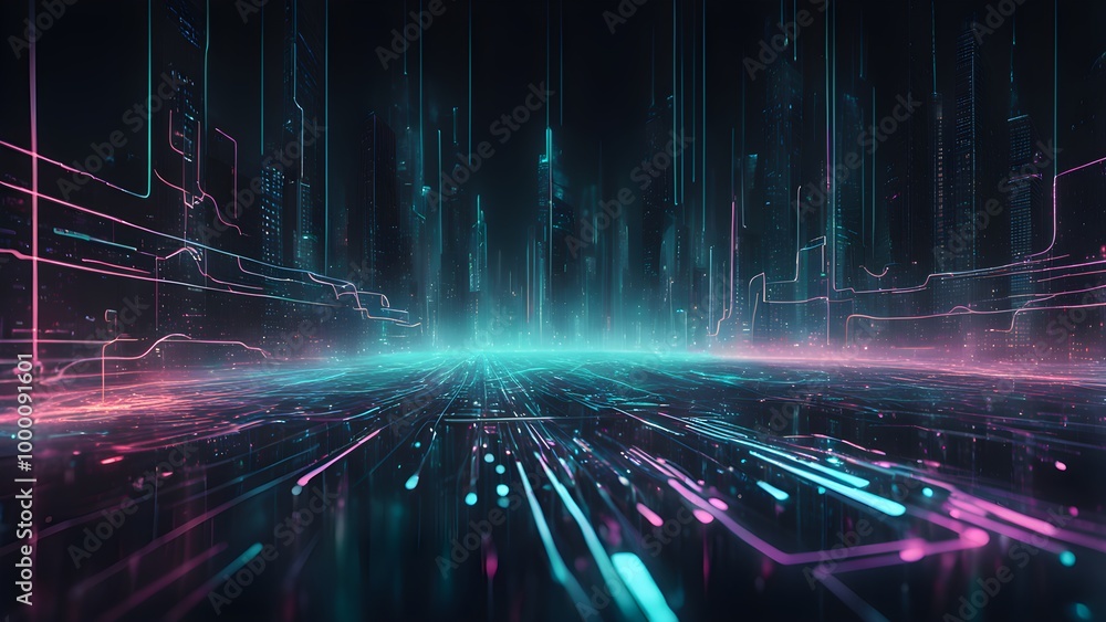 Abstract digital city landscape with glowing lines and neon lights. Abstract digital city landscape with glowing lines and neon lights.