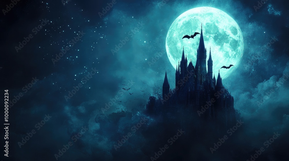 Obraz premium Dark castle floating in the sky with bats circling and a bright full moon casting an eerie glow.