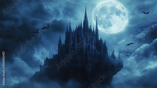 Dark castle floating in the air under a bright full moon, with bats casting long shadows across the sky.