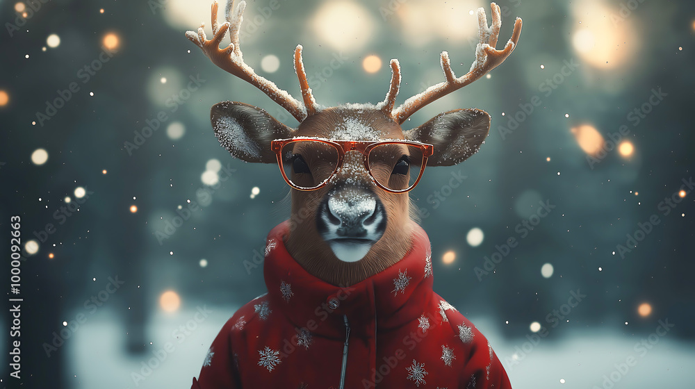 Funny Christmas reindeer wearing glasses and Christmas costume Funny Christmas reindeer wearing glasses and Christmas costume