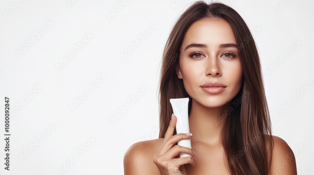 An elegant woman stands with a luxury cosmetic cream tube, her straight hair framing her flawless face beautifully against a clean white background. An elegant woman stands with a luxury cosmetic cream tube, her straight hair framing her flawless face beautifully against a clean white background.