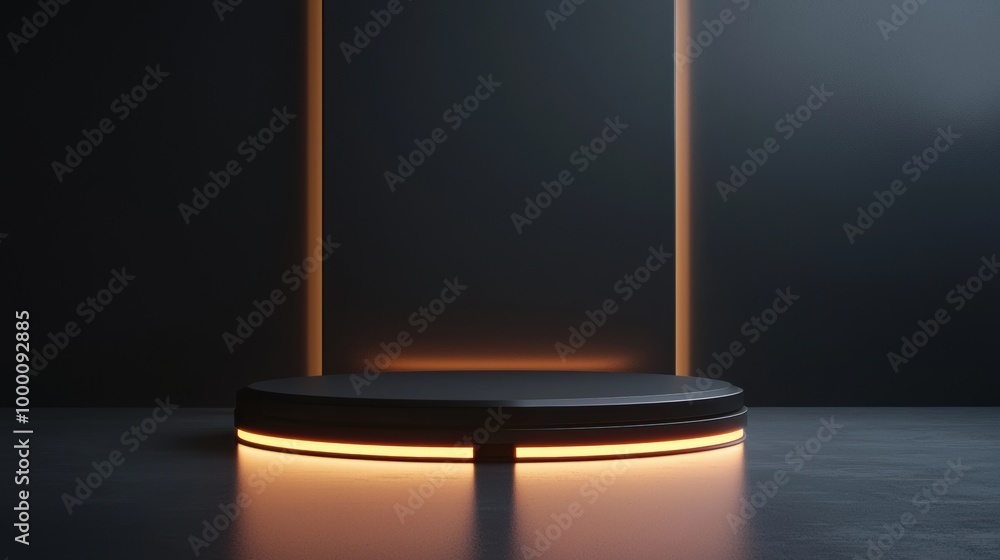 Abstract Minimalist Podium Showcase in Dark Studio with Spotlight Effect Abstract Minimalist Podium Showcase in Dark Studio with Spotlight Effect