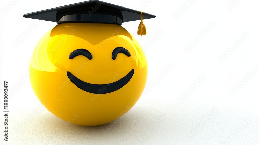 A smiling yellow face with a graduation cap on top A smiling yellow face with a graduation cap on top