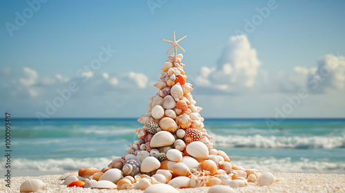 A unique Christmas tree made entirely of seashells on a sandy beach, Christmas tree made by seashells photo