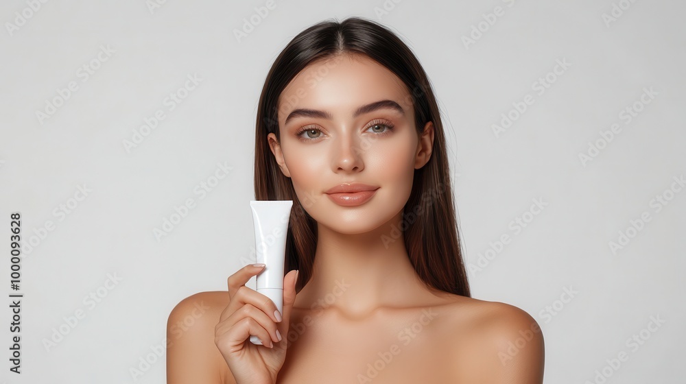 An elegant woman with straight hair and radiant skin holds a luxury cosmetic cream tube, conveying a sense of beauty and sophistication against a white backdrop. An elegant woman with straight hair and radiant skin holds a luxury cosmetic cream tube, conveying a sense of beauty and sophistication against a white backdrop.