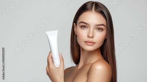 An elegant woman with straight hair gracefully holds a luxury cosmetic cream tube, her flawless skin glowing against the pure white background.