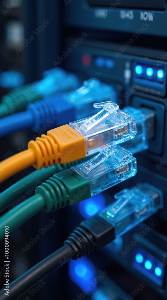 Close-up of colorful Ethernet cables connected to network switch Close-up of colorful Ethernet cables connected to network switch