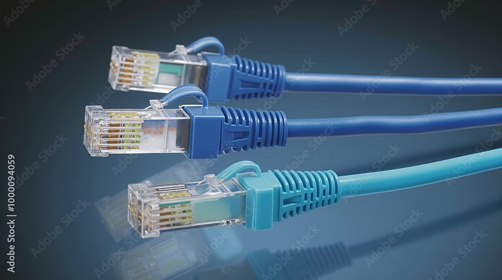 Close-up of blue RJ45 Ethernet cables on dark background Close-up of blue RJ45 Ethernet cables on dark background