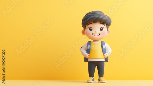 A cartoon boy is standing in front of a yellow wall with a backpack on