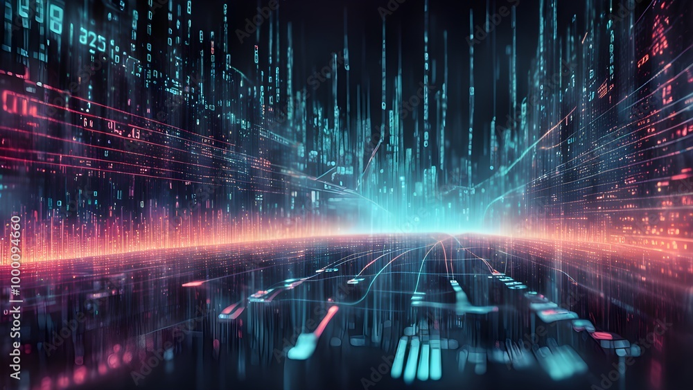 Abstract digital city with glowing lines and numbers, creating a futuristic, technological landscape. Abstract digital city with glowing lines and numbers, creating a futuristic, technological landscape.