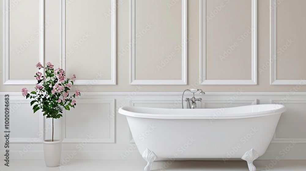 Obraz premium Classic bathroom with clawfoot tub, pedestal sink, and neutral tones, vintage elegance