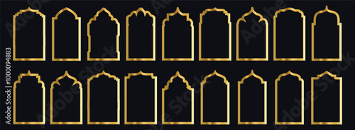 Gold arch frame shape Islamic door or window with geometric pattern, silhouette Arabic arch. Luxury set in oriental style. Decorative oriental window collection. Islamic arches in minimalist style. 