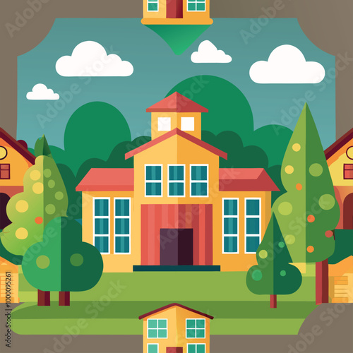 Urban and suburban house illustrations featuring diverse architectural designs, from city buildings to village homes on a summer landscape with green trees and clear sky