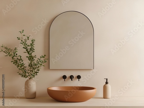 Mediterranean bathroom with terracotta sink, arched mirror, and neutral colors, warm and inviting photo