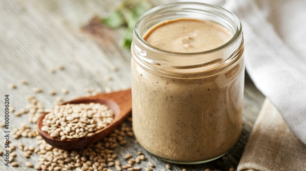 Tahini and sesame seeds on wooden table.
Tahini and sesame seeds on wooden table.