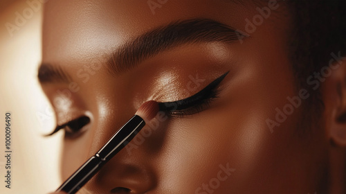 A woman is applying makeup to her face