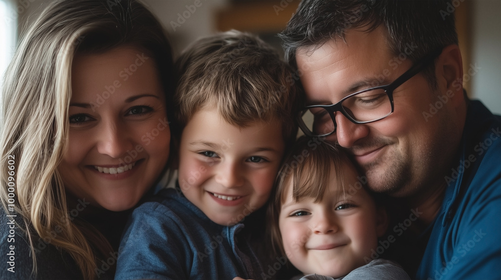 A family of four, a man and three children, are hugging each other A family of four, a man and three children, are hugging each other