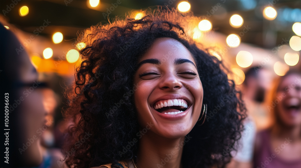 A woman with curly hair is smiling and laughing A woman with curly hair is smiling and laughing