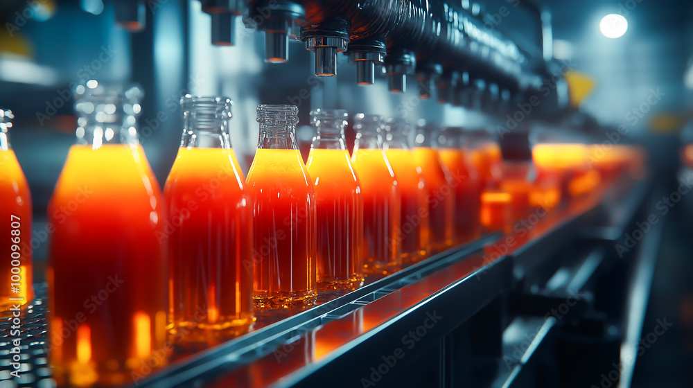 Modern production line for bottling and packaging natural juices and drinks, Industrial juice bottling plant, Conveyor with juice Modern production line for bottling and packaging natural juices and drinks, Industrial juice bottling plant, Conveyor with juice