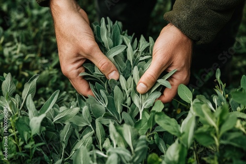 A close-up shot of hands gathering wild-harvested organic herbs like sage and rosemary from a forest, showcasing the purity and natural origins of the ingredients photo