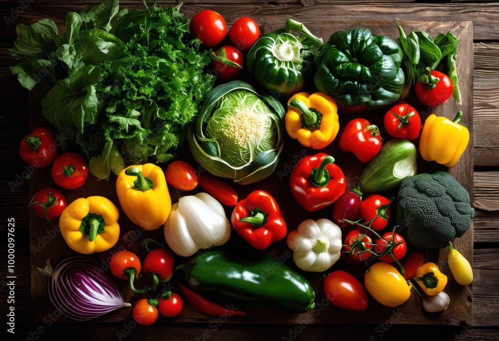 colorful vibrant vegetable flat lay arrangement aesthetically presented rustic natural wooden surface, asparagus, basil, beet, bell, peppers, broccoli colorful vibrant vegetable flat lay arrangement aesthetically presented rustic natural wooden surface, asparagus, basil, beet, bell, peppers, broccoli